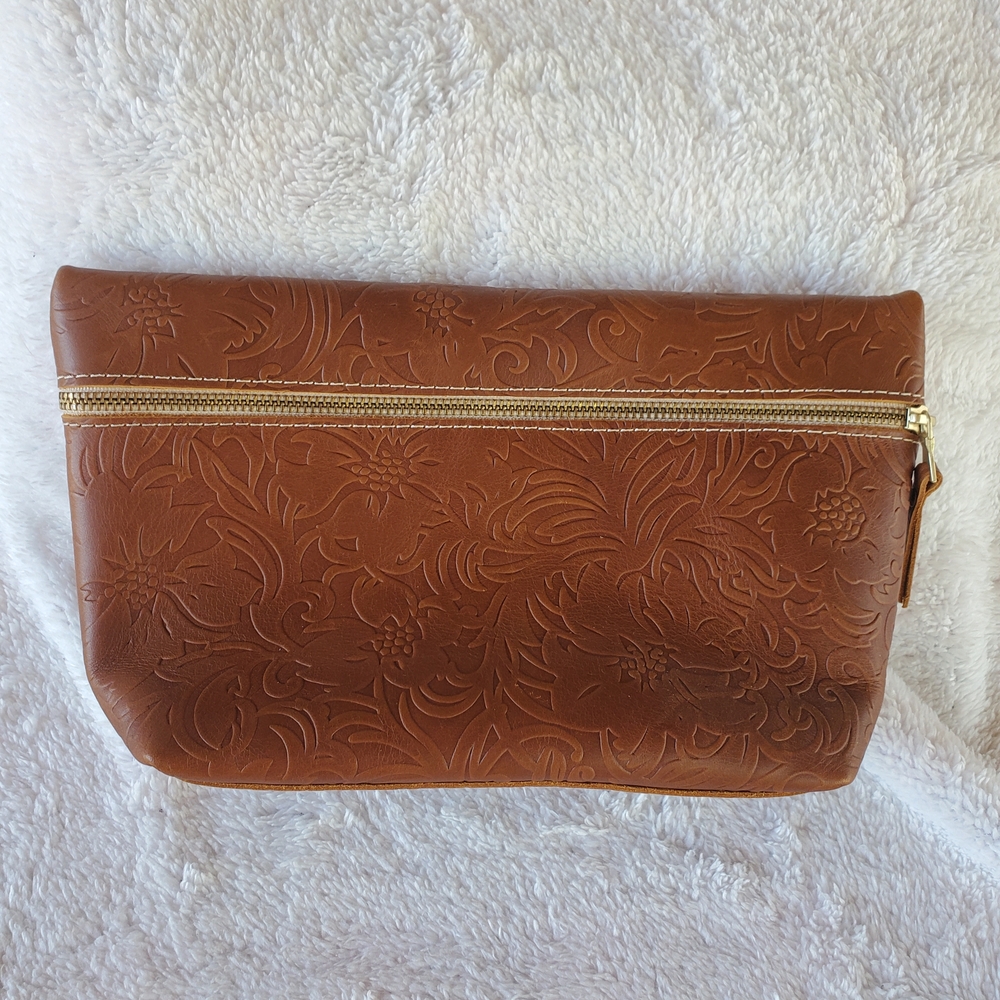 Portland Leather Embossed Brown Leather Zip Pouch - Women Bags